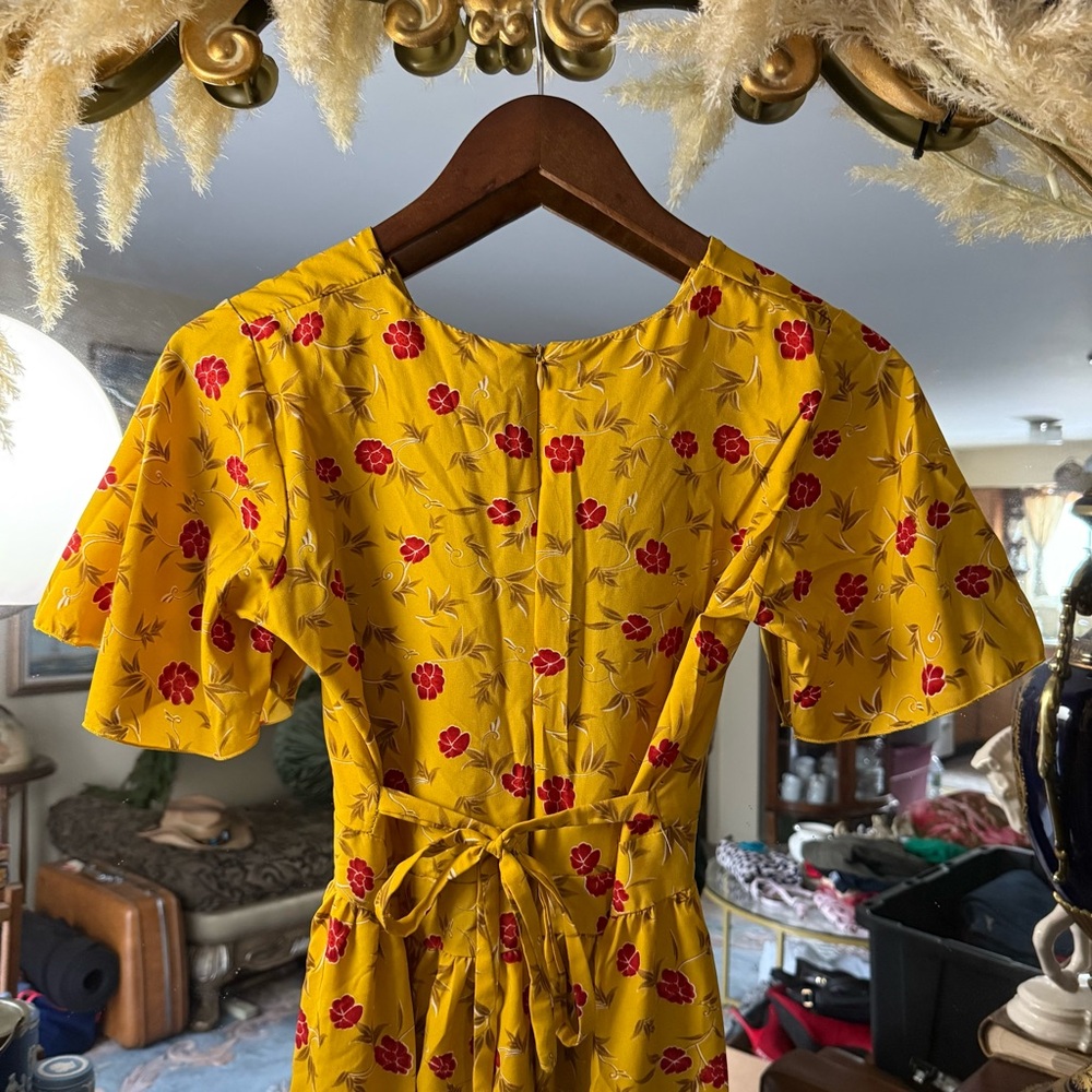 Floral Yellow and Red Handmade Lightweight Maxi Wrap Dress with Belt - Picture 3 of 9